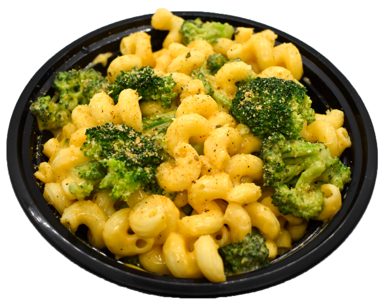 broccoli and cheddar mac and cheese bowl on blank background from the crafty mac